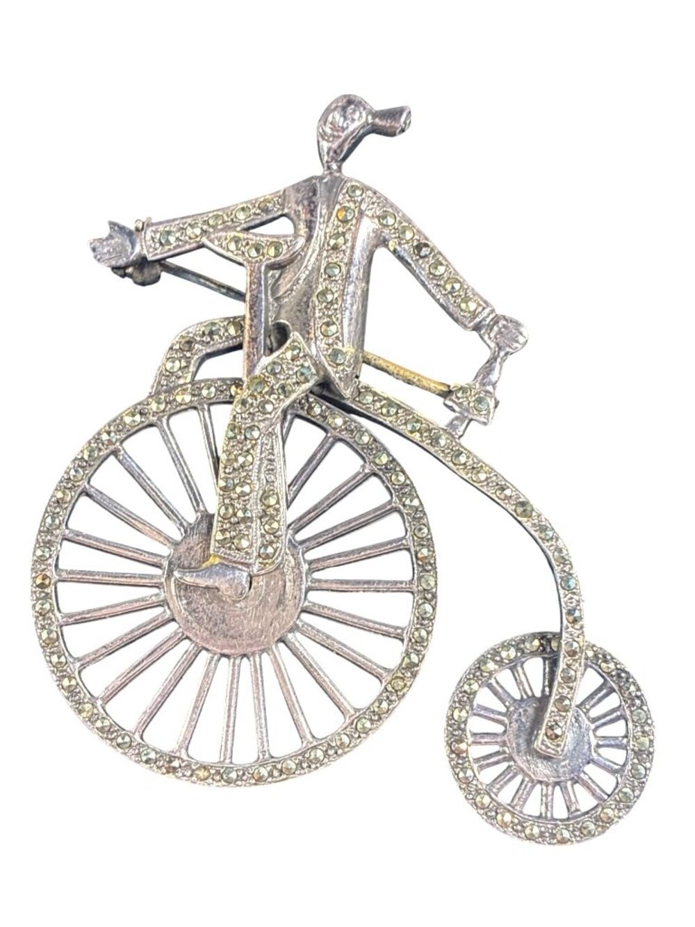 Vintage 925 Sterling Silver Marcasite Penny Farthing Bicycle Brooch Moving Wheel